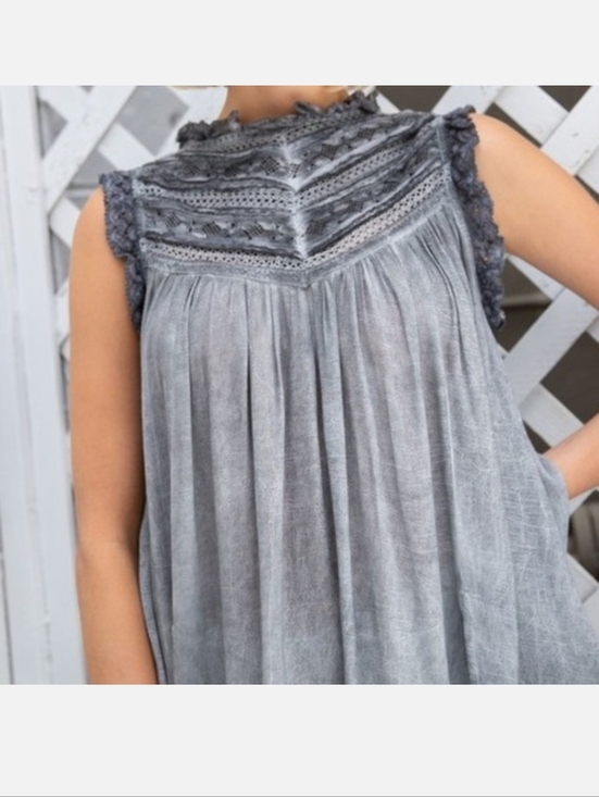 POL Tops - POL Bohemian Lace High Neck Tunic - Gray Mineral Wash